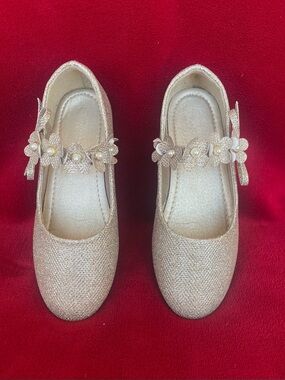 Pandaninjia Girl's Sparkle Gold Floral Pearl Strap Flower Girl Flat Shoes Sz: 2